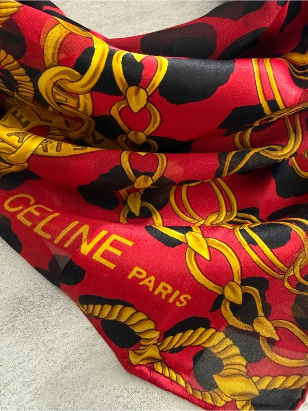 Celine Red & Black Leopard Chain Silk Scarf - Picture 3 of 7